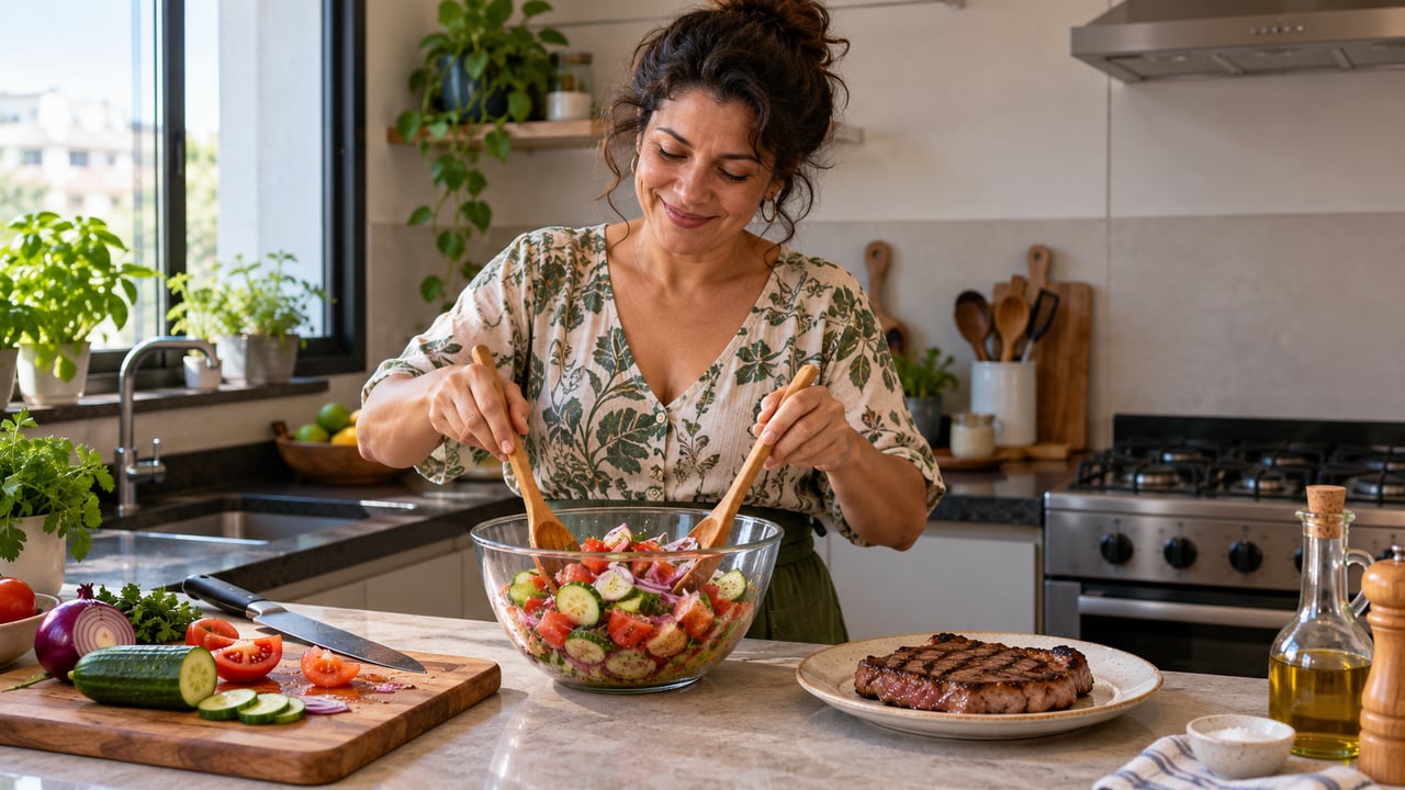A salada de tomate e pepino com azeite fica pronta em cerca de cinco minutos, sem acender o fogão