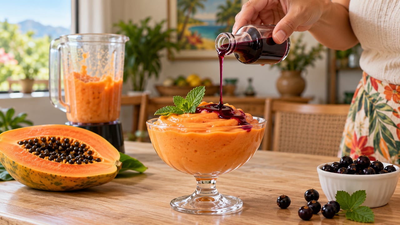 Mamão papaia, sorvete de creme e licor de cassis formam a sobremesa gelada que dispensa forno, fogão e gelatina