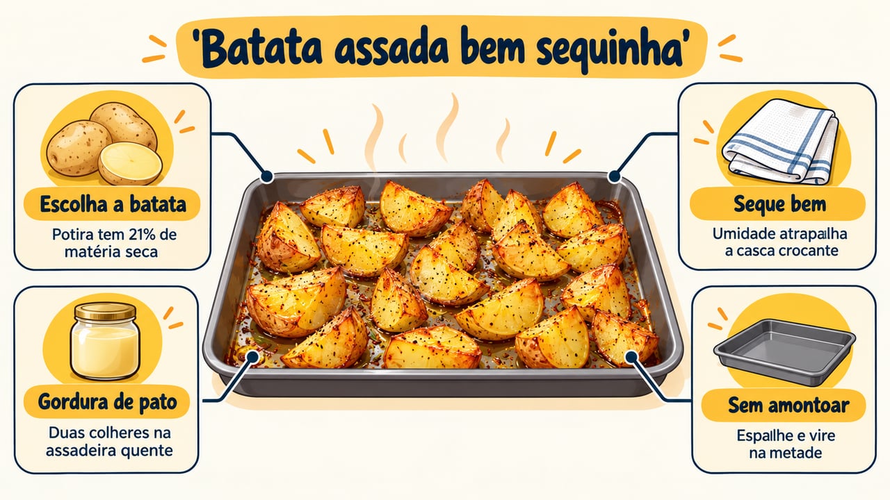 Batata com mais matéria seca, bem seca e sem amontoar na assadeira fica mais crocante