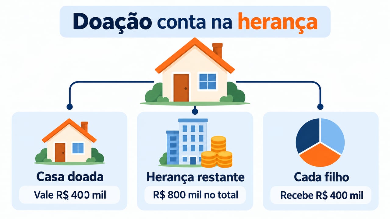 Com a colação, a casa de R$ 400 mil soma-se aos R$ 800 mil e cada filho fica com R$ 400 mil