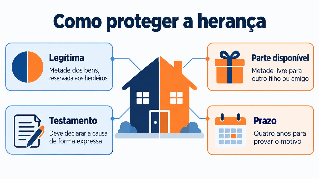 A legítima de metade dos bens é protegida, e quem pede a deserdação tem quatro anos para provar o motivo
