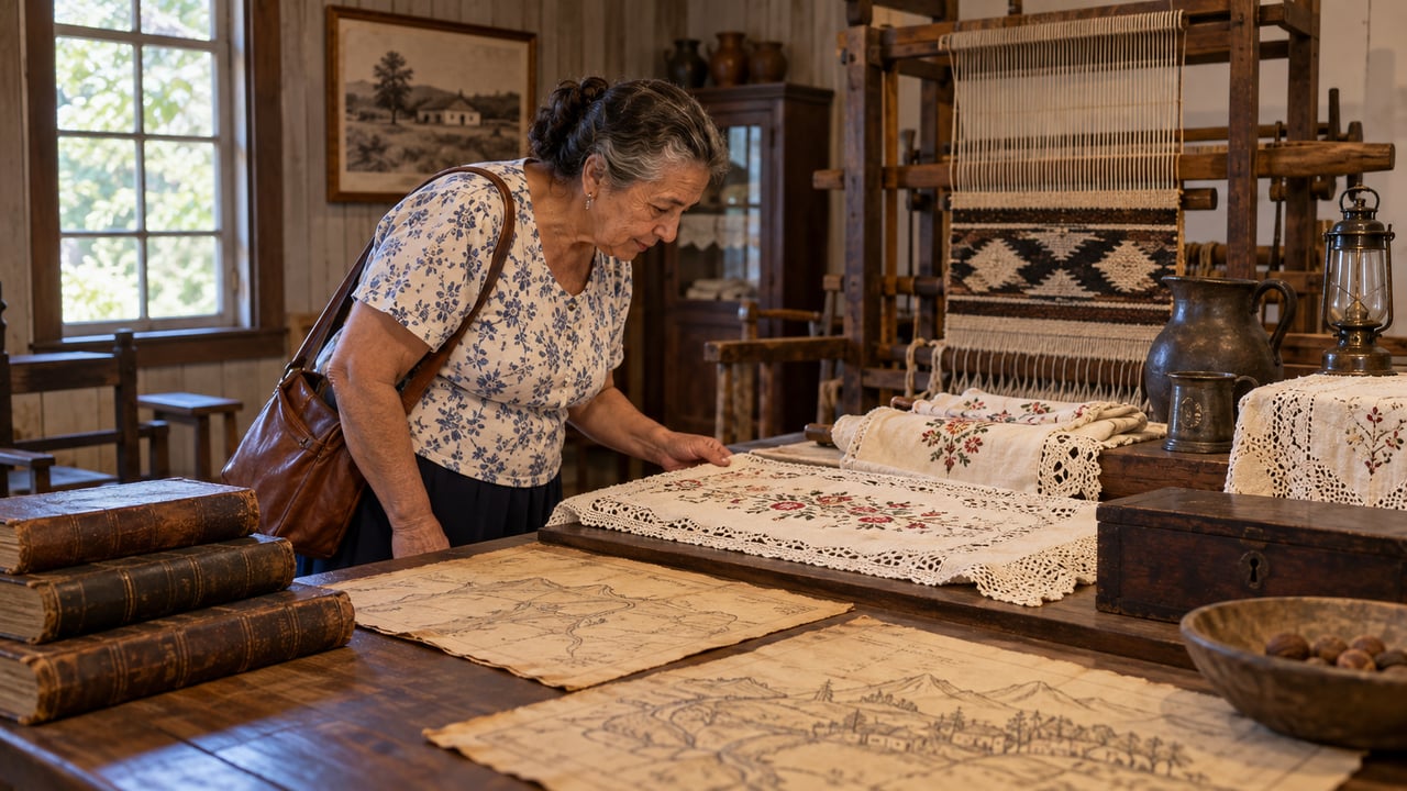 O Museu Eva Hilden guarda tapeçarias de tear, bordados antigos, livros e mapas dos primeiros colonos e abre de quarta a domingo