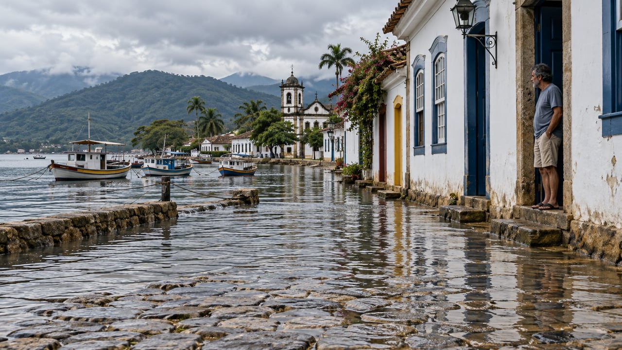 O centro de Paraty foi erguido rente à Baía da Ilha Grande, e as casas ficam acima do nível da rua para proteger o interior da água