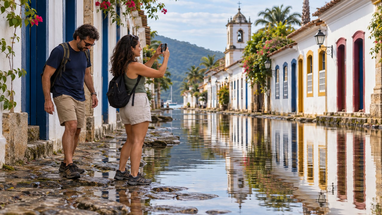 Para visitar Paraty na maré cheia, consulte a previsão de marés e use calçado firme, pois as pedras molhadas ficam escorregadias
