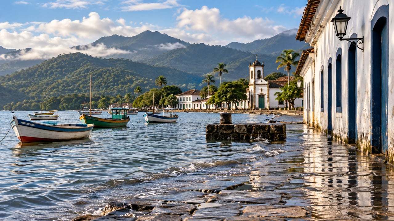 O traçado colonial feito rente às águas da Baía da Ilha Grande faz o mar avançar sobre as ruas próximas ao cais