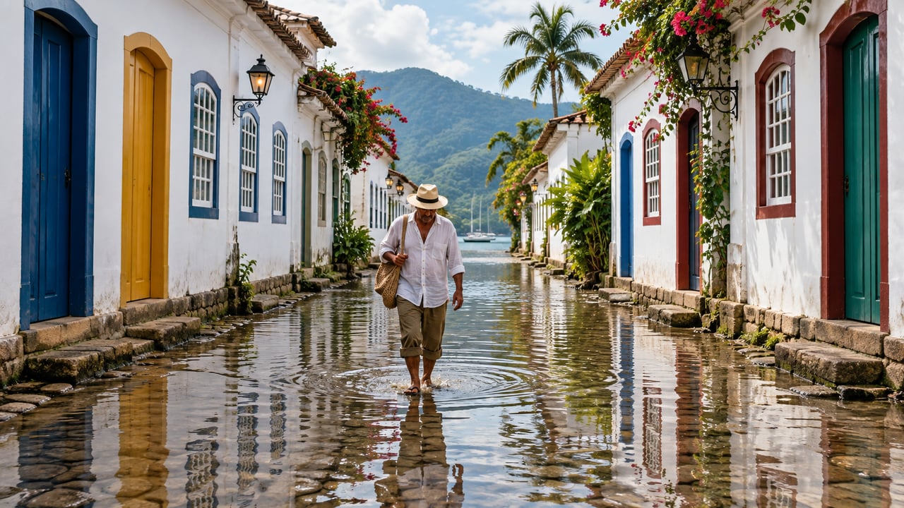 Em Paraty, a maré cheia cobre o calçamento de pedras irregulares do Centro Histórico, mas as casas ficam acima do nível da rua