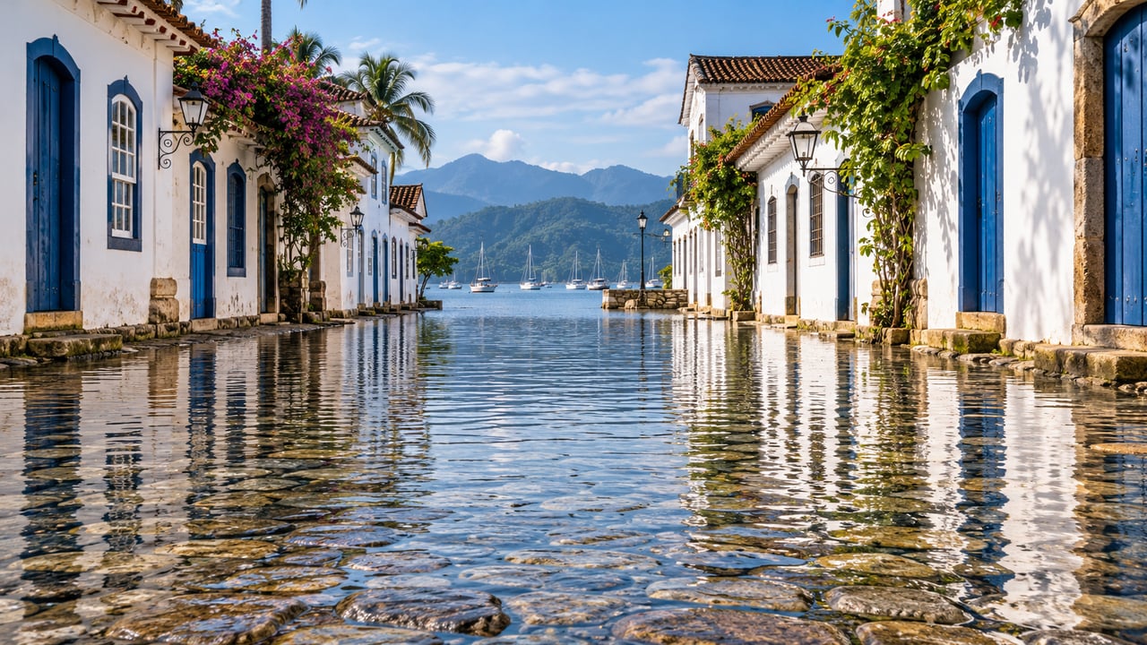 A maré alta cobre ruas de pedra do Centro Histórico de Paraty, parte de um sítio reconhecido pela UNESCO