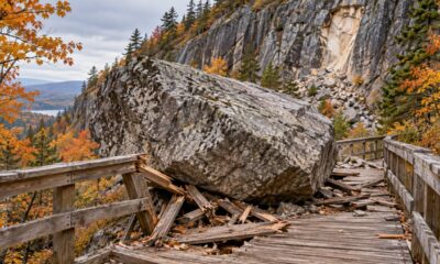 Rocha de 80 toneladas desabou no Polar Caves Park, em New Hampshire, e bloqueou a passarela sem deixar feridos