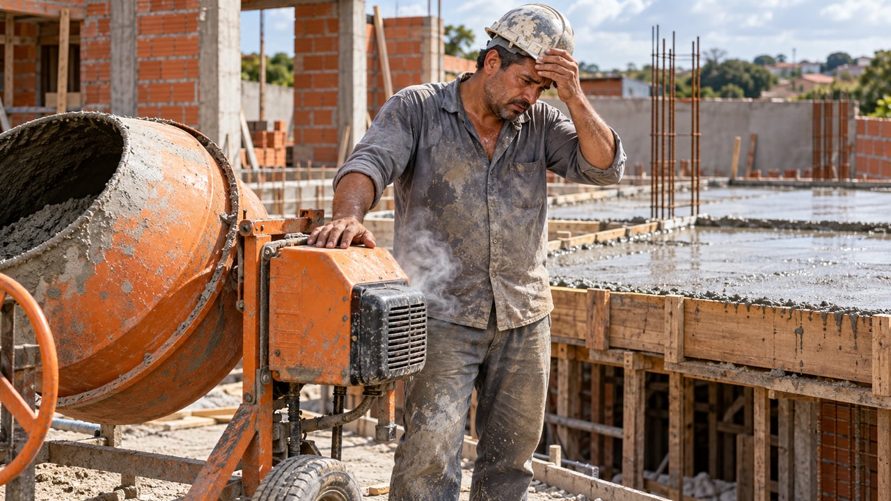Motor queimado no meio da concretagem deixa o pedreiro com a obra parada e as parcelas da betoneira vencendo
