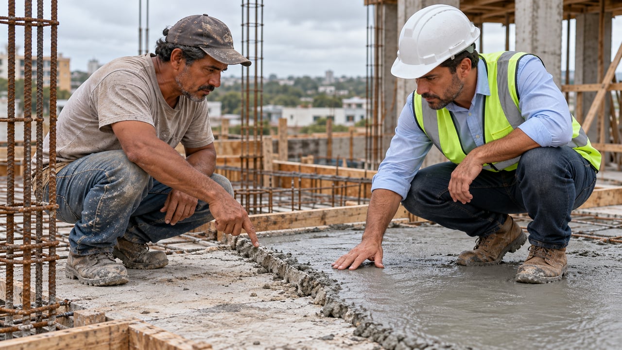 Parada no meio da laje forma junta fria, e em peça estrutural o engenheiro deve ser chamado antes de retomar o serviço