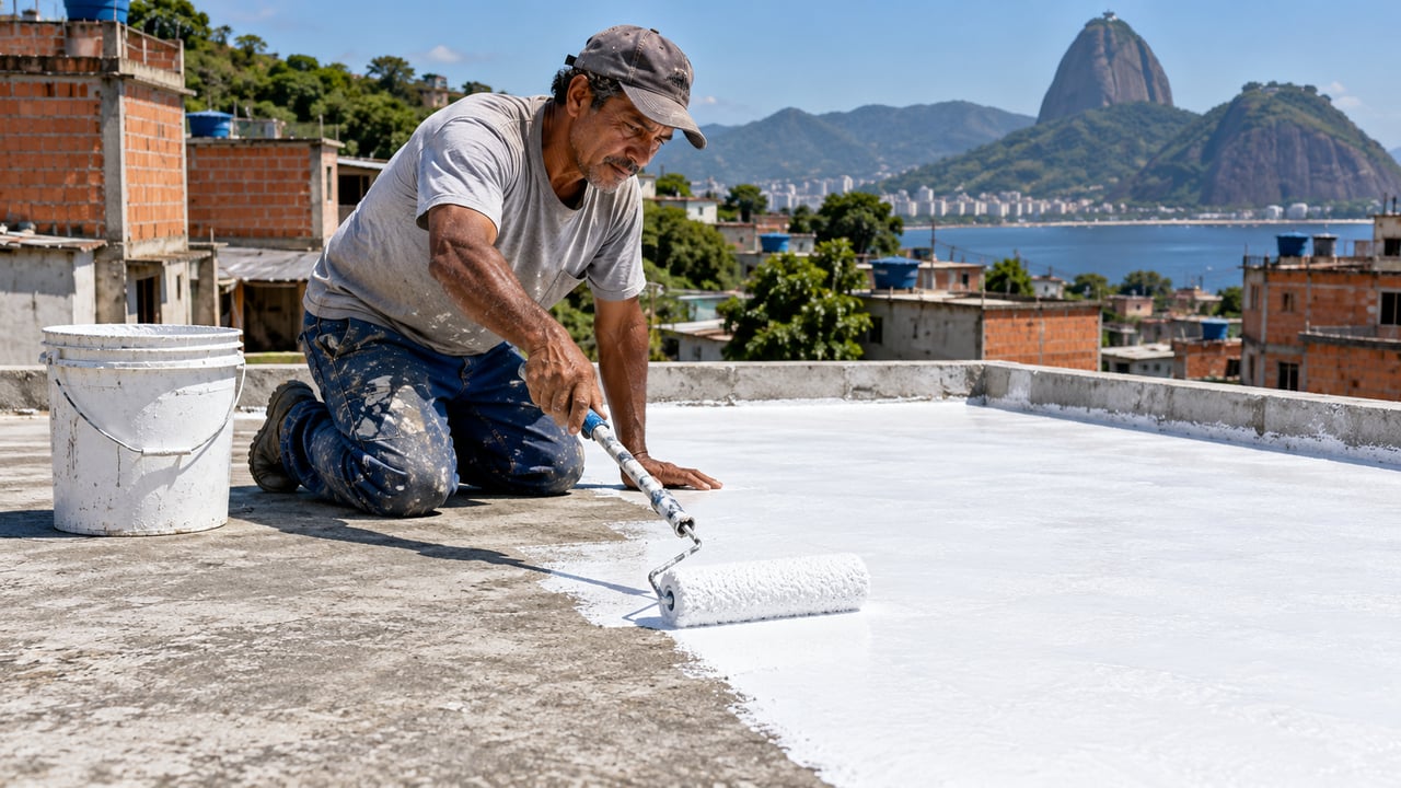 Revestimento claro e refletivo sobre a laje reduz o calor que entra na casa sem precisar refazer o telhado