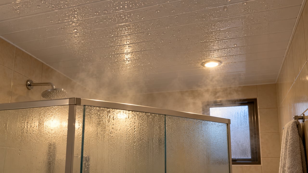 O vapor do banho vira gotas ao tocar o teto mais frio, e essa condensação alimenta o mofo todos os dias
