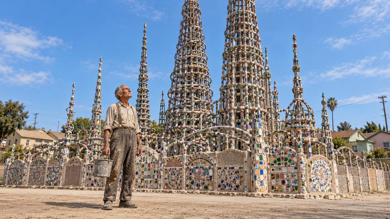 Simon Rodia dedicou 33 anos à construção das Watts Towers, cujas maiores torres beiram 30 metros