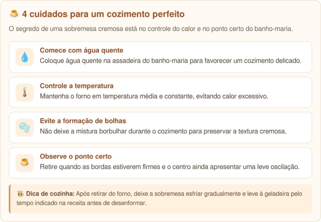 Chefs de cozinha explicam: para o pudim ficar lisinho, cremoso e sem furinhos, não despeje a mistura cheia de espuma na forma, mas deixe descansar por 15 minutos antes de assar