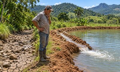 Desviar o córrego do sítio para encher um tanque de peixes pode deixar a propriedade de baixo sem água