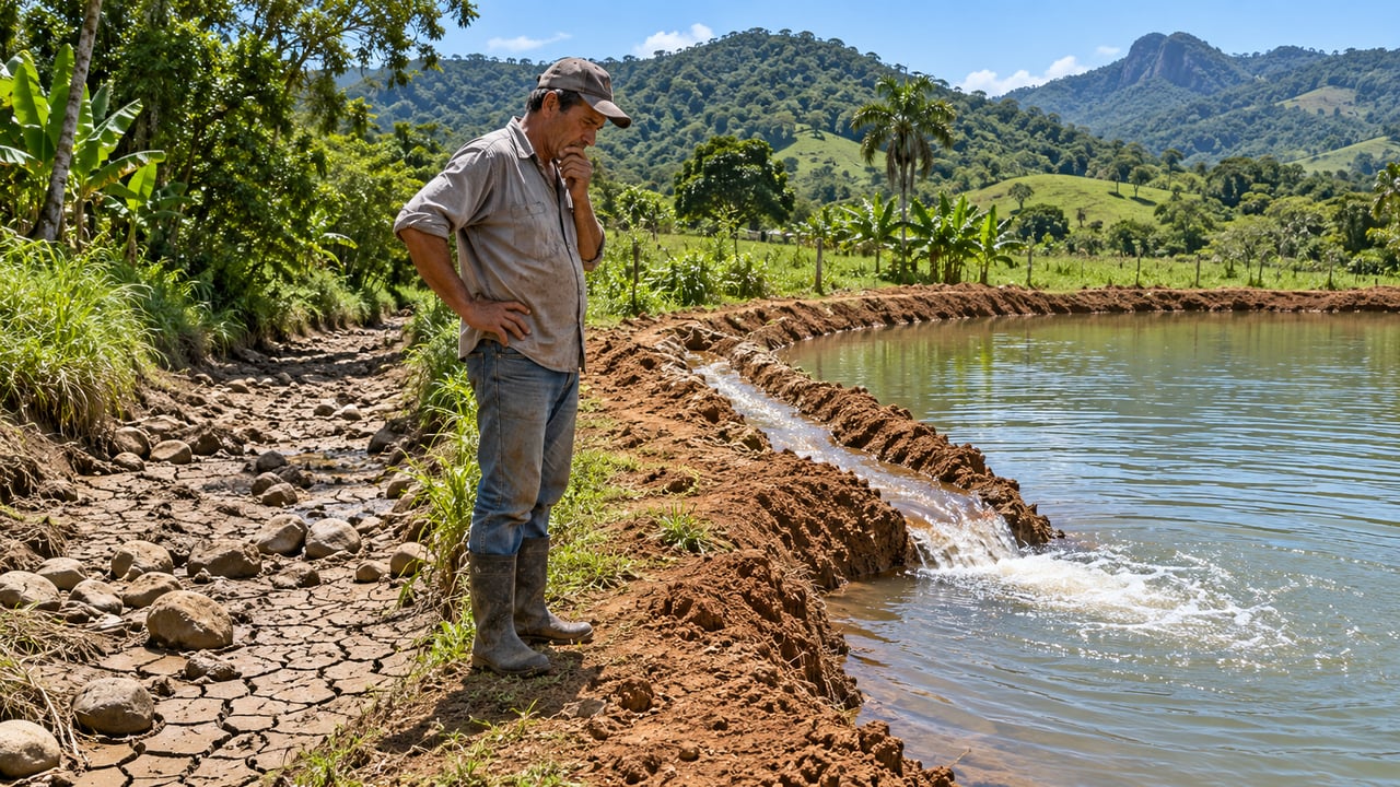 Desviar o córrego do sítio para encher um tanque de peixes pode deixar a propriedade de baixo sem água