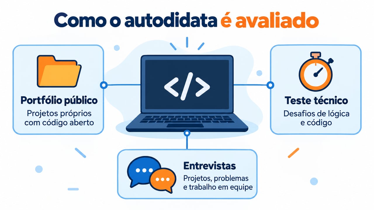 Portfólio público, teste técnico e entrevistas são as etapas que o autodidata costuma enfrentar na seleção