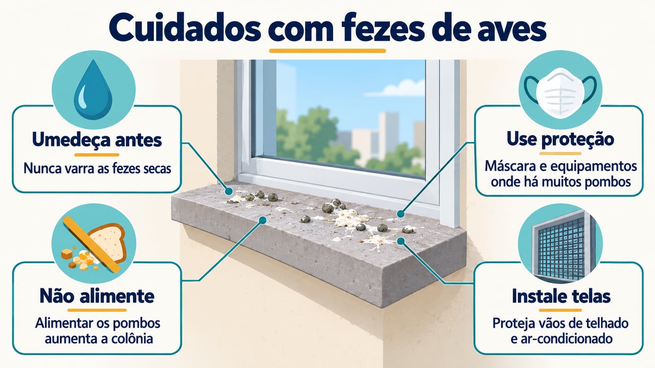Umedeça as fezes antes da limpeza, use proteção e evite alimentar os pombos
