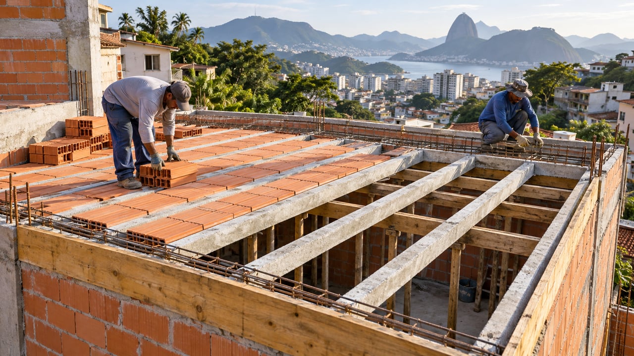 A referência inclui vigotas, lajotas, armação, concretagem, madeira e serviços, com mão de obra embutida em várias parcelas