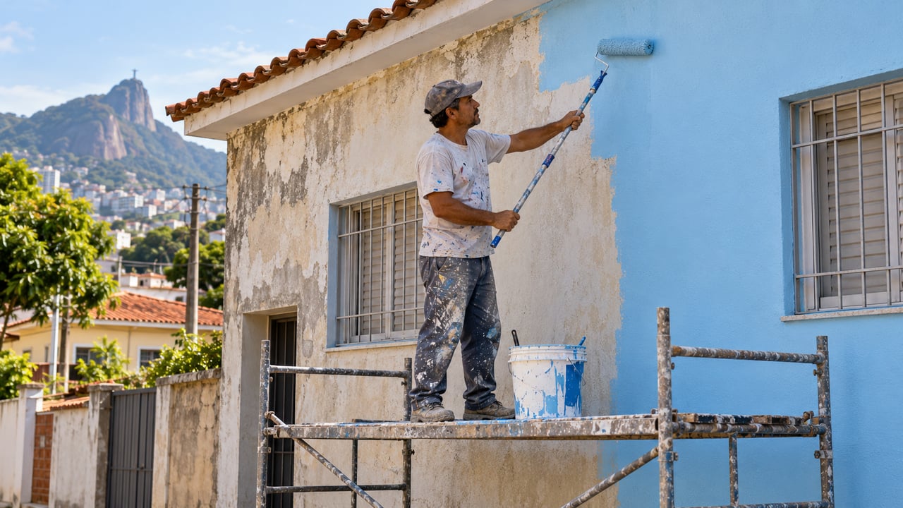 Pintar a fachada de uma casa térrea de 70 m² custa R$ 4.416,30 e passa de R$ 5,9 mil com andaime