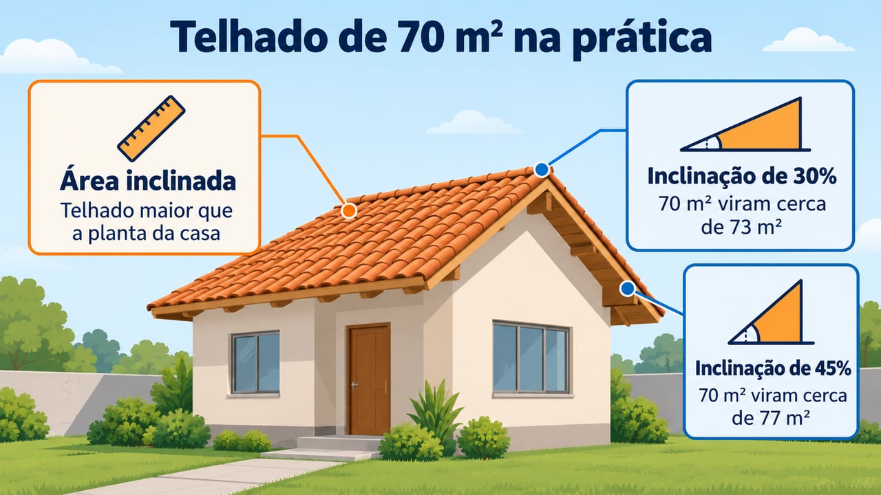 A área real do telhado supera a planta da casa porque a cobertura é inclinada