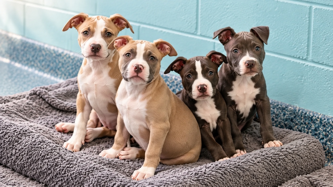 Quatro filhotes de pitbull, dois de pelagem clara e dois de pelagem escura, sentados lado a lado sobre uma cama cinza em um abrigo de animais com paredes azul-claras. - Imagem ilustrativa criada por inteligência artificial