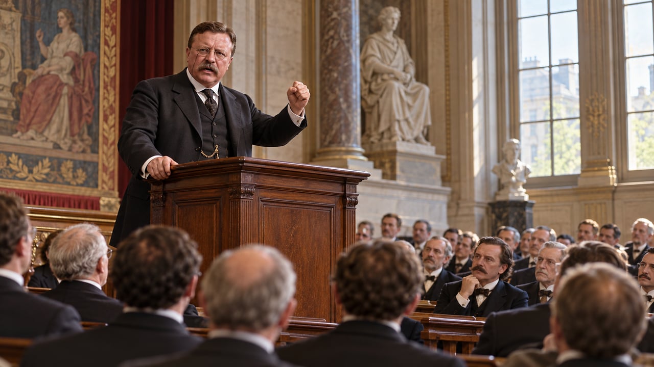 Em 23 de abril de 1910, na Sorbonne, Roosevelt disse que o crédito pertence a quem está na arena, e não ao crítico