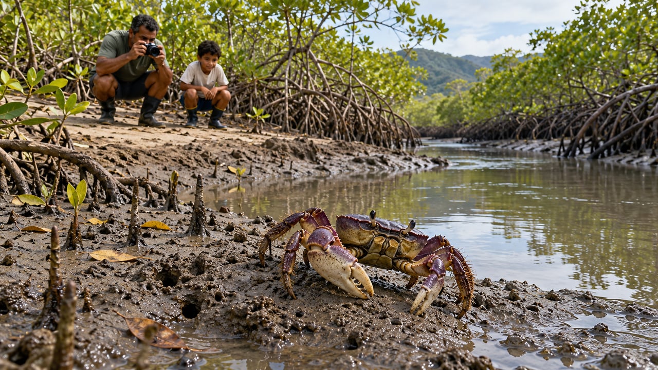 Observar e fotografar os caranguejos no manguezal é permitido, desde que os animais permaneçam no lugar