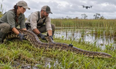 O USGS soltou nos Everglades uma píton birmanesa de 4,8 metros e 67 quilos com transmissor de rádio para localizar outras cobras