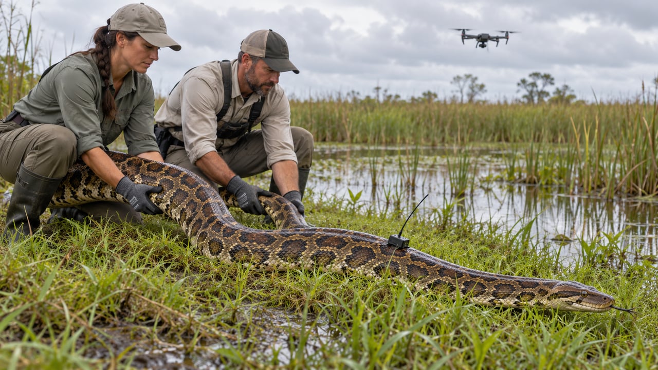 O USGS soltou nos Everglades uma píton birmanesa de 4,8 metros e 67 quilos com transmissor de rádio para localizar outras cobras