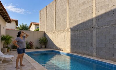A história do paredão de 4 metros sobre a piscina é fictícia, mas a lei brasileira pune obra feita só para prejudicar o vizinho