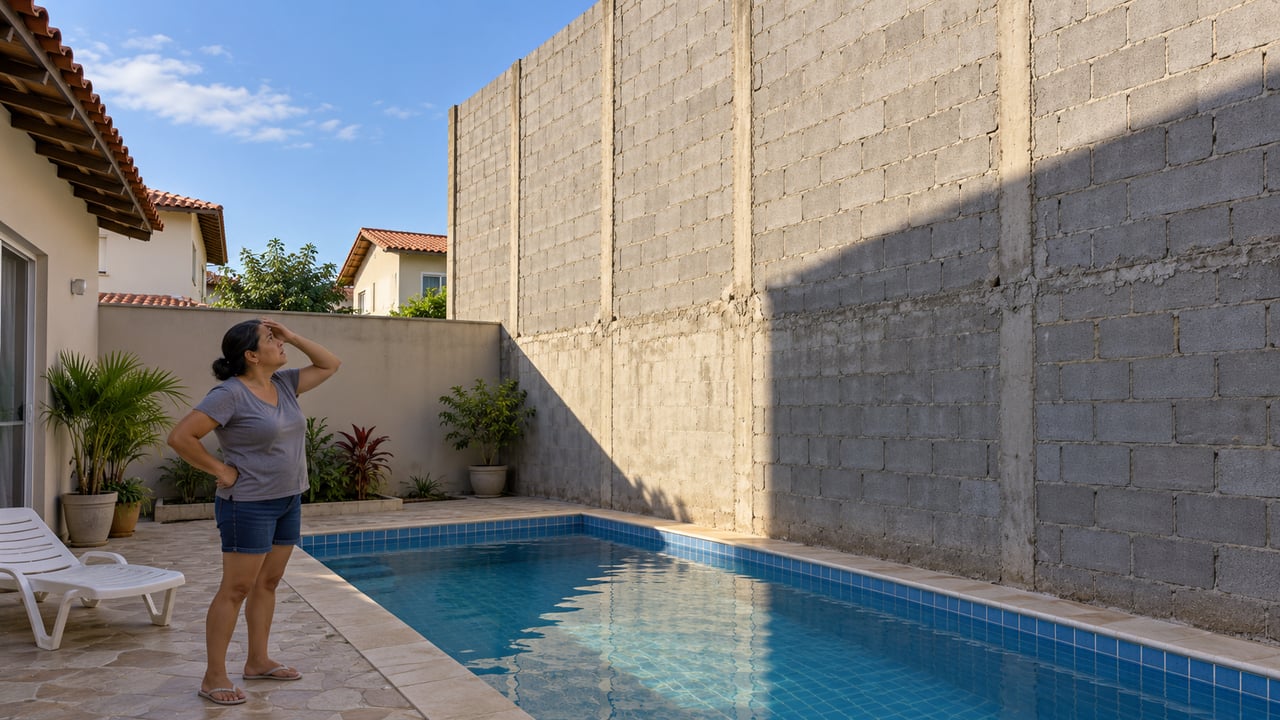 A história do paredão de 4 metros sobre a piscina é fictícia, mas a lei brasileira pune obra feita só para prejudicar o vizinho