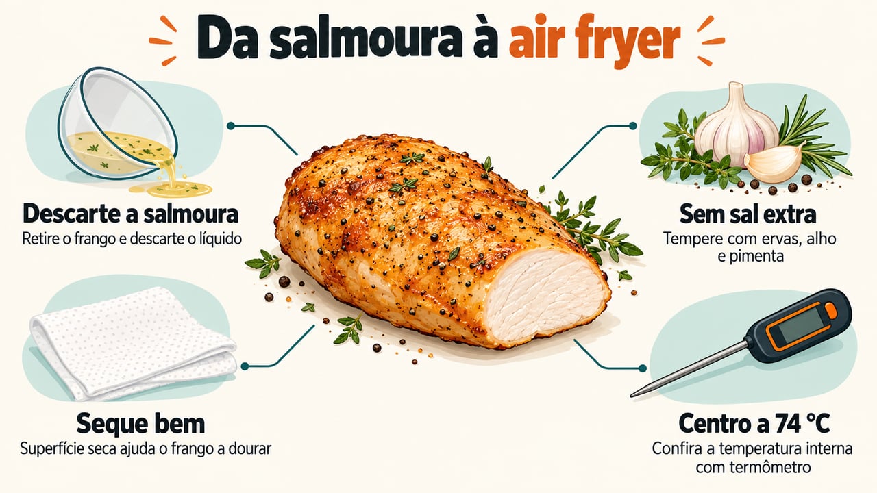 Após a salmoura, seque o frango, evite sal extra e confira se o centro atingiu 74 °C