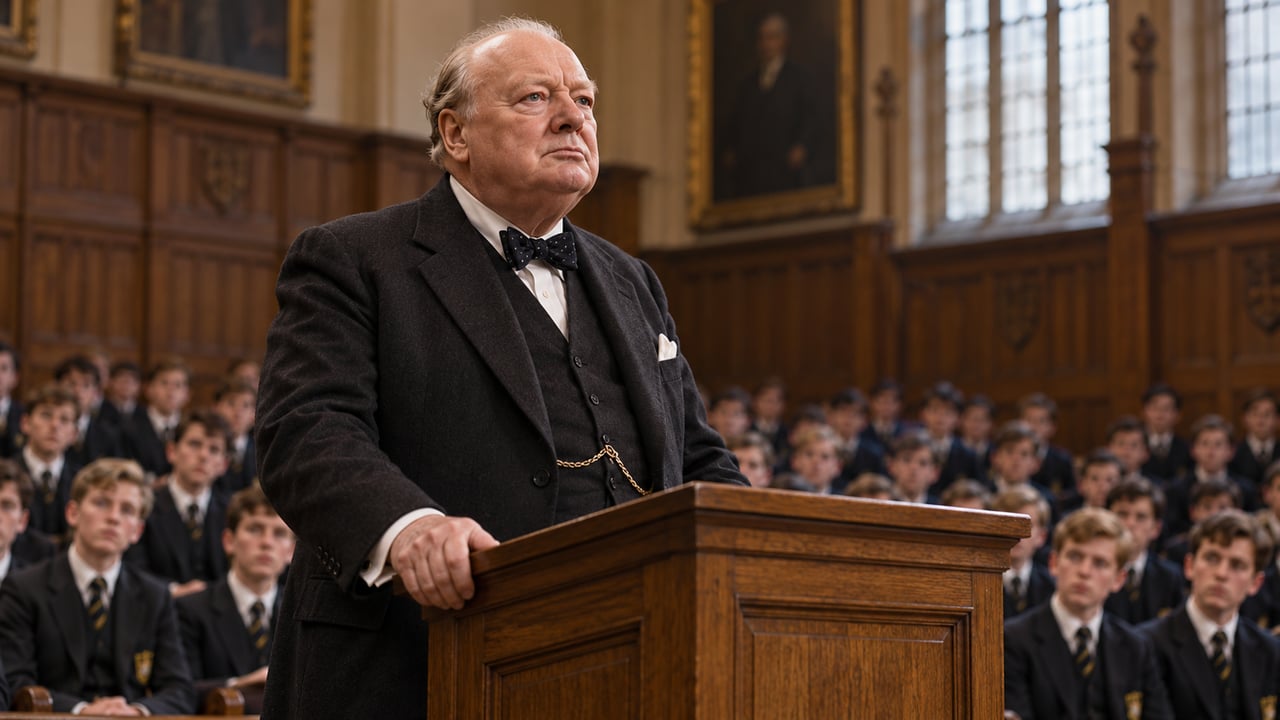 Em Harrow, em 1941, Churchill pediu aos alunos que nunca cedessem, a não ser às convicções de honra e de bom senso