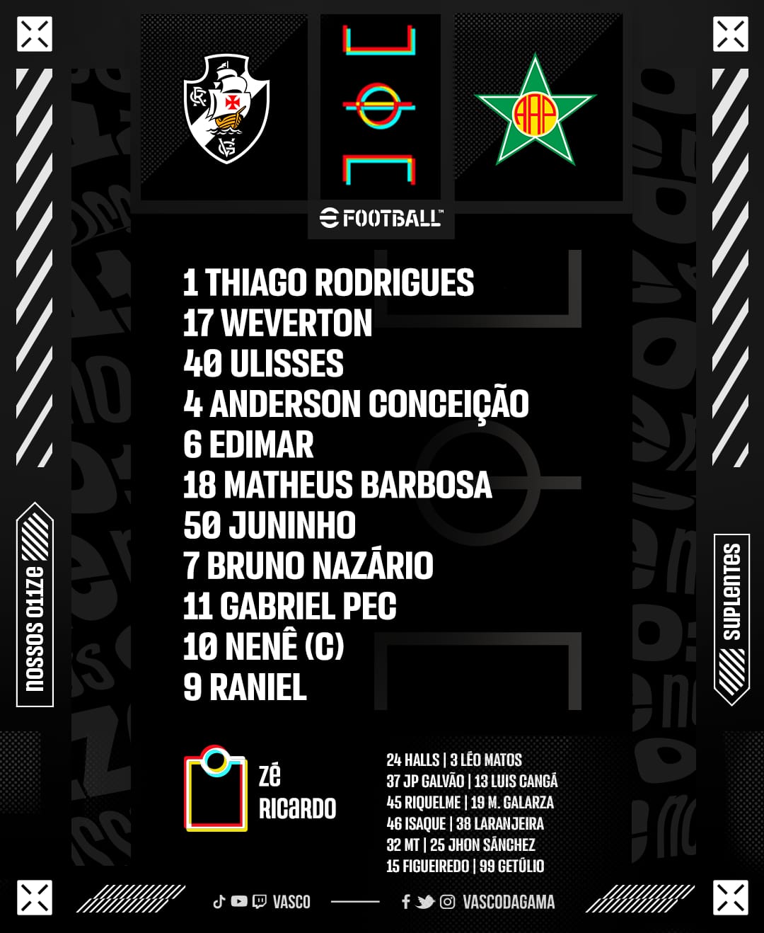 Vasco escalado para pegar a Portuguesa pelo Campeonato Carioca