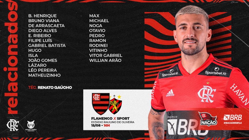 Flamengo divulga lista de relacionados para jogo contra o Sport pelo Campeonato Brasileiro