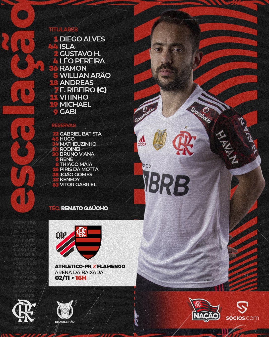 Flamengo escalado para pegar o Athletico-PR pelo Campeonato Brasileiro