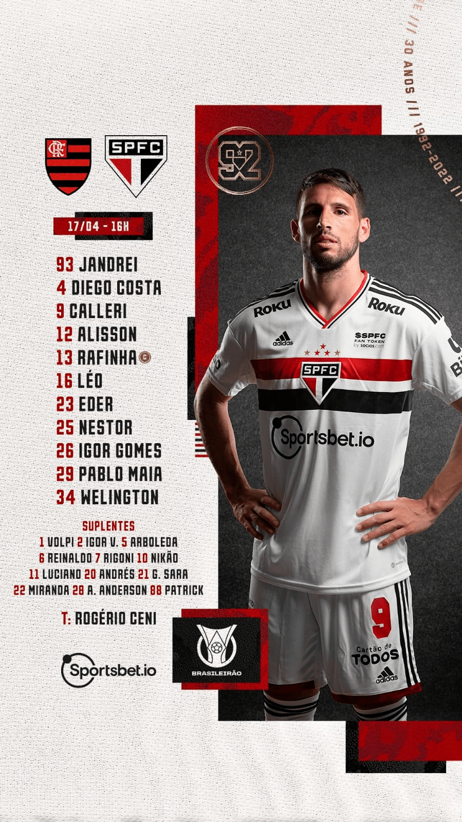 São Paulo escalado para pegar o Flamengo pelo Campeonato Brasileiro