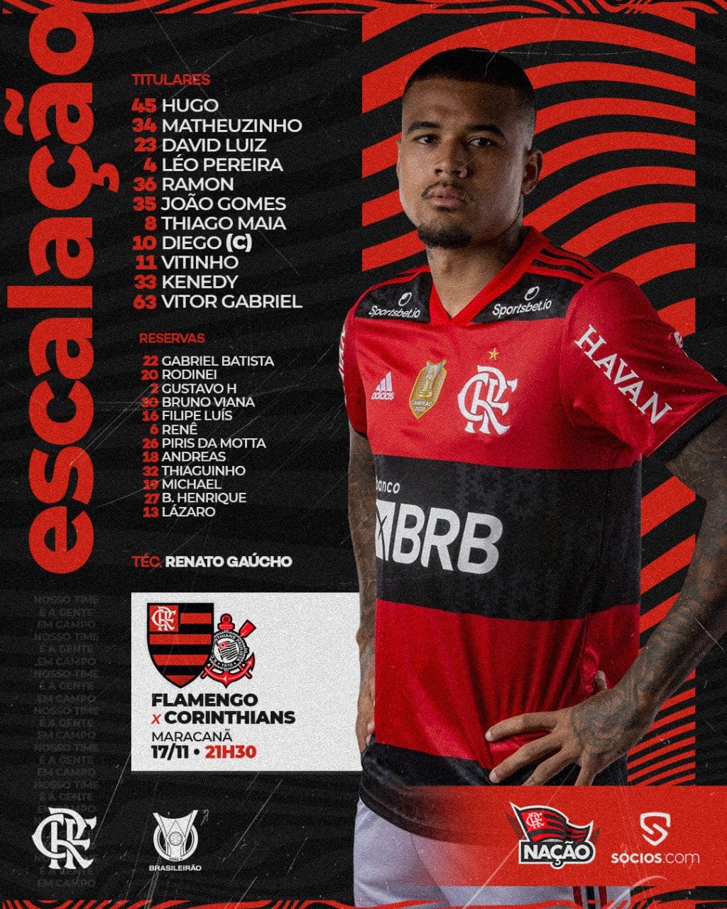 Flamengo escalado para pegar o Corinthians pelo Campeonato Brasileiro