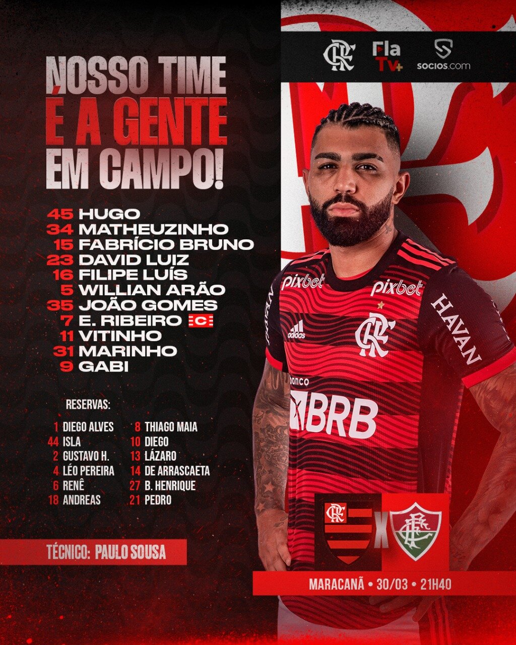 Flamengo escalado para pegar o Fluminense pelo jogo de ida da final do Campeonato Carioca
