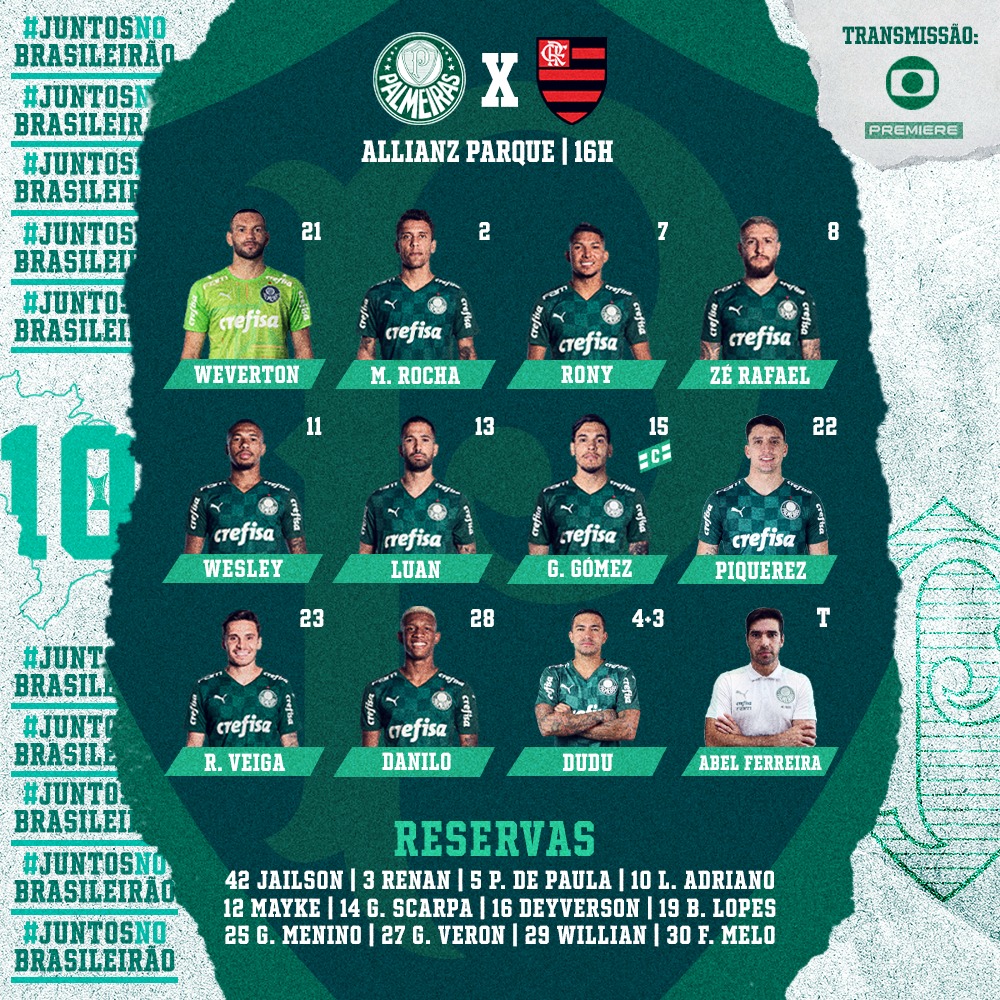 Palmeiras escalado para pegar o Flamengo pelo Campeonato Brasileiro