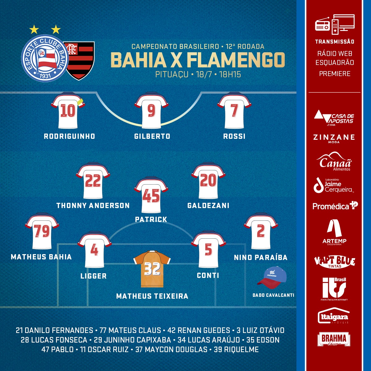 Bahia escalado para pegar o Flamengo pela Série A
