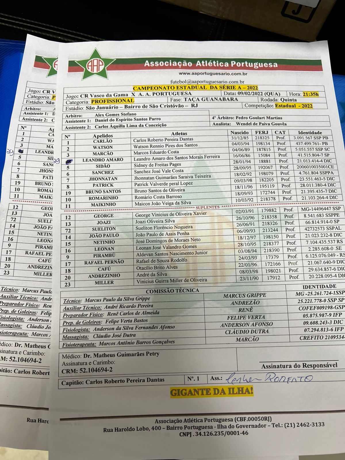 Portuguesa escalada para pegar o Vasco pelo Campeonato Carioca