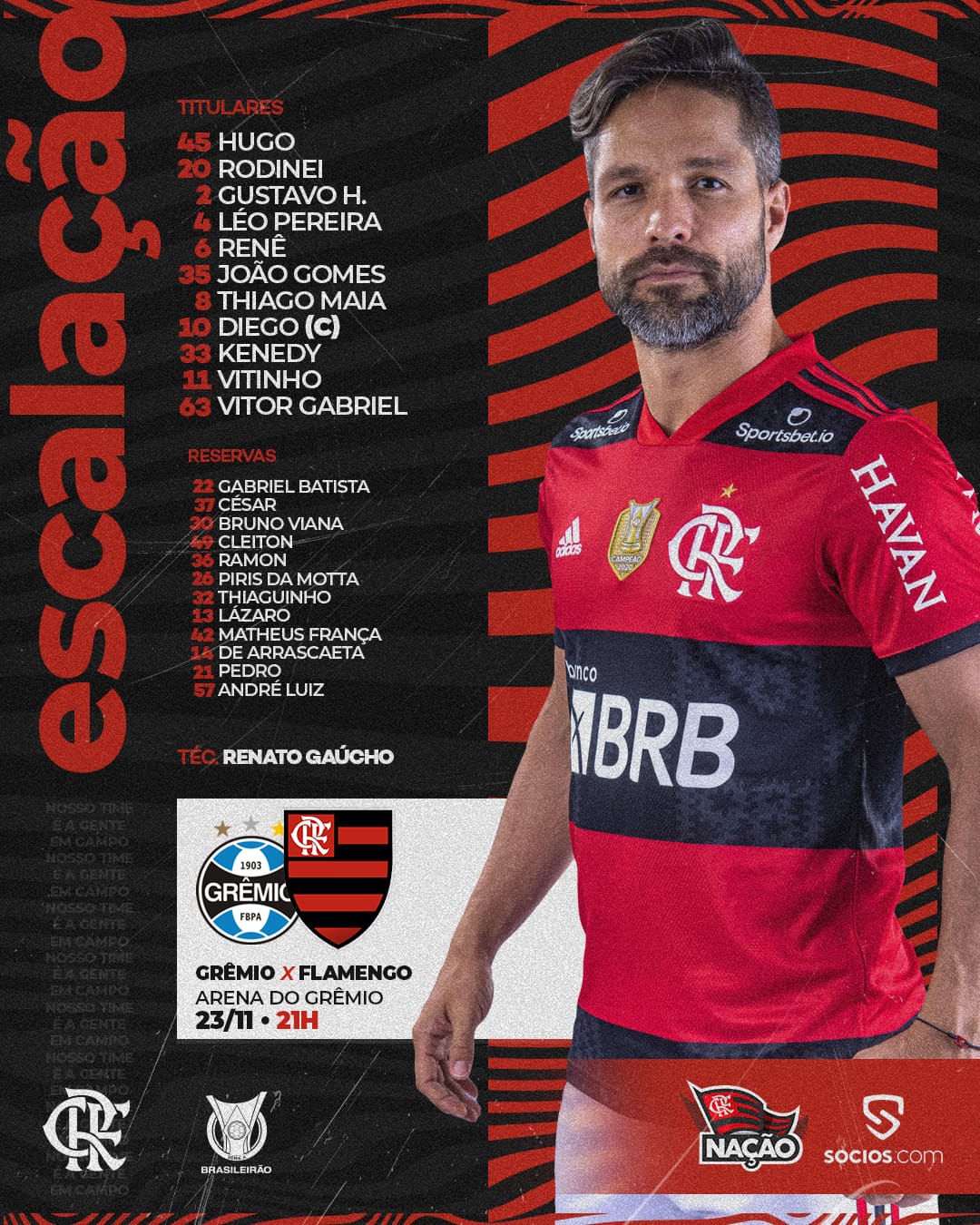 Flamengo escalado para pegar o Grêmio pelo Campeonato Brasileiro