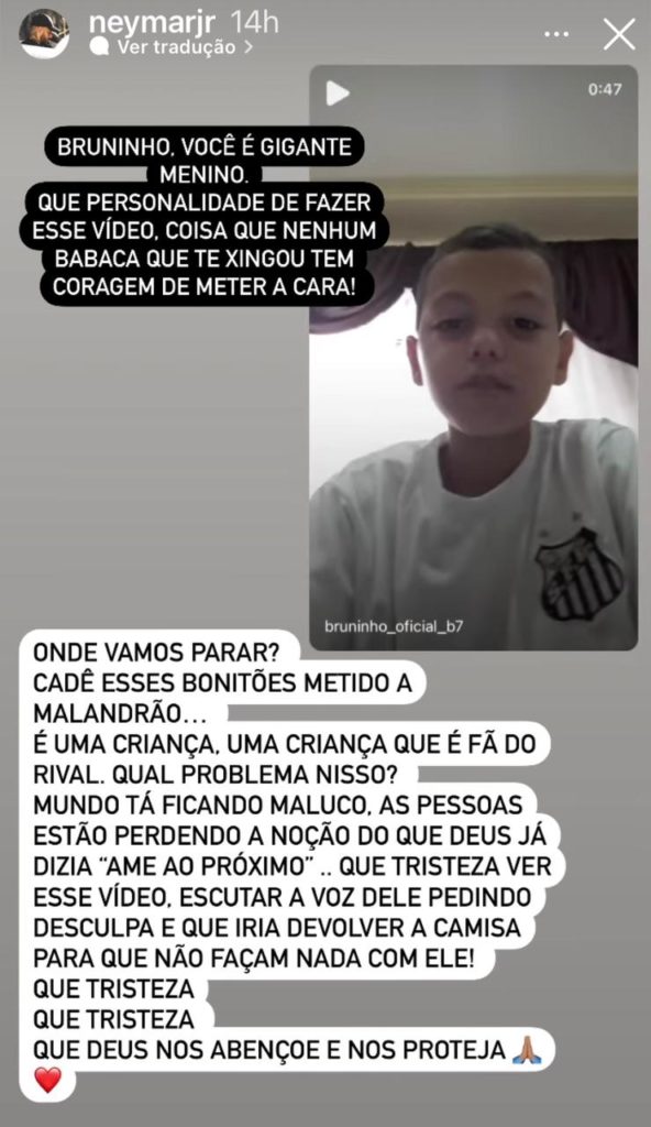 Post do Neymar defendendo o menino Bruninho