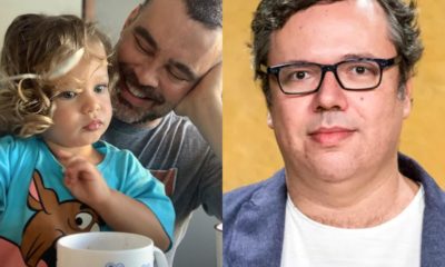 Montagem com Carmo Dalla Vecchia segurando o filho Pedro no colo e João Emanuel Carneiro