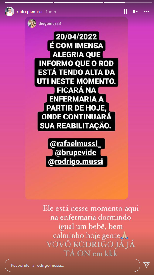 Rodrigo Mussi recebe alta da UTI