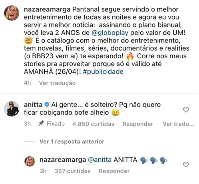 Anitta demonstra interesse em Murilo Benício: 'Tá solteiro?'