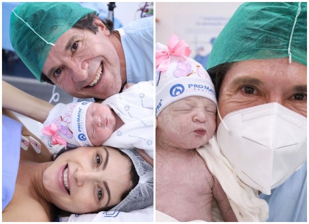 Daniel e Aline com a filha recém nascida, Olívia