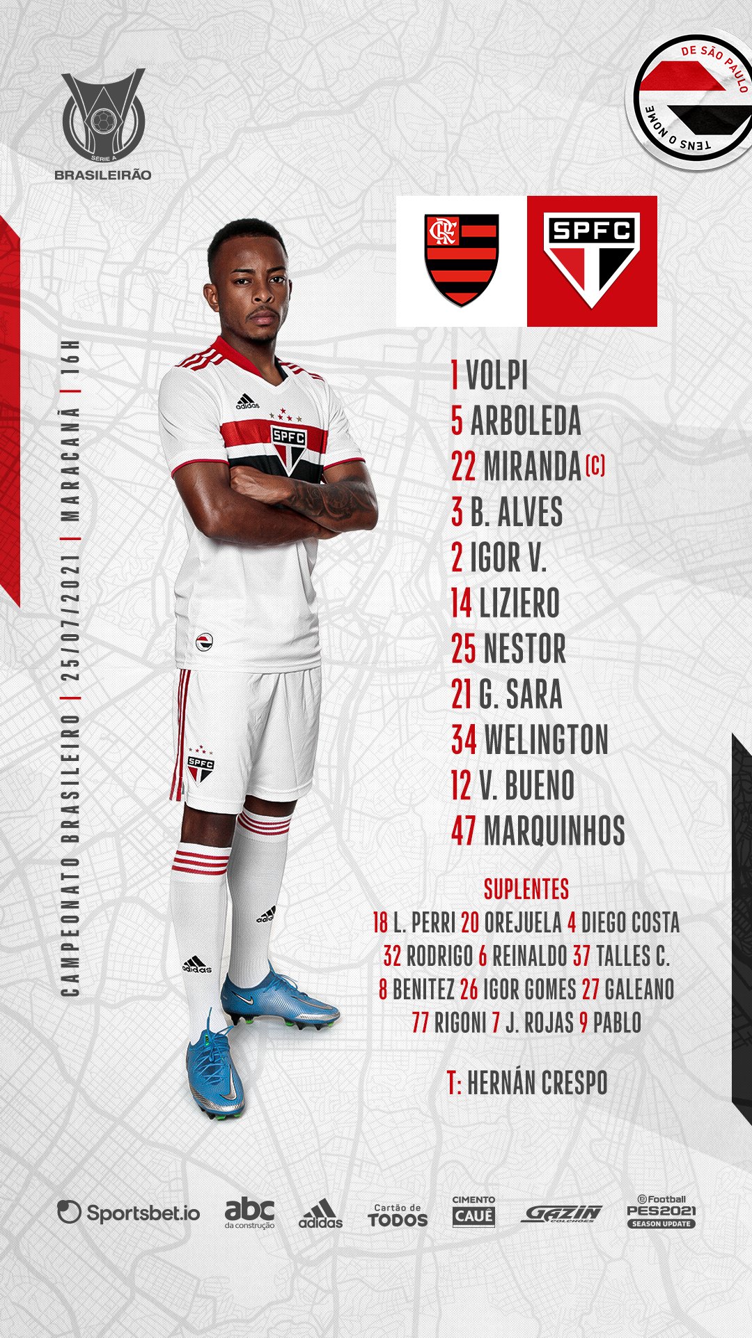 São Paulo escalado para pegar o Flamengo pelo Campeonato Brasileiro